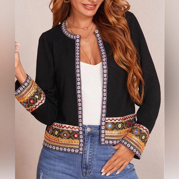 By Design Jackets & Blazers - Black Contrast Embroidered Trim Open Front Jacket